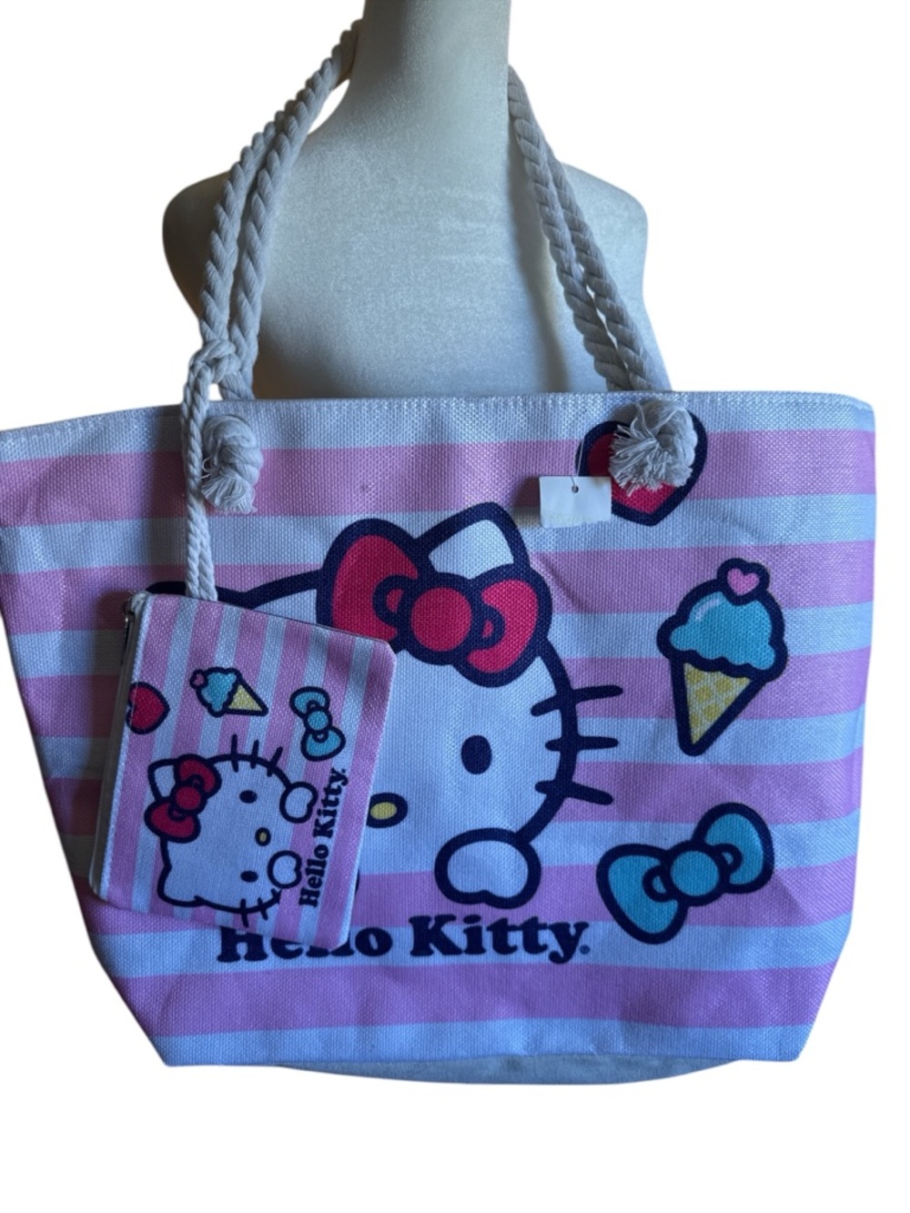 Hello Kitty Pink White Striped Tote Bag with Matching Pouch